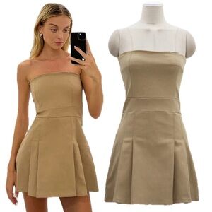 OAK + FORT NWOT Strapless Pleated Tube Preppy Tan Mini Dress
